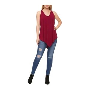 FIRST LOVE Blouse Womens Size X-Large Burgundy Flowy‎ V Hem Trendy Chic